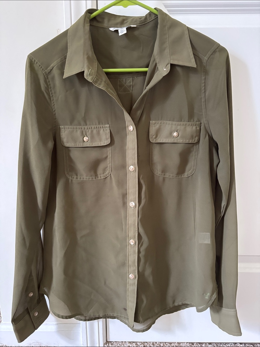 American Eagle Outfitters Sheer Olive Button-Down Shirt